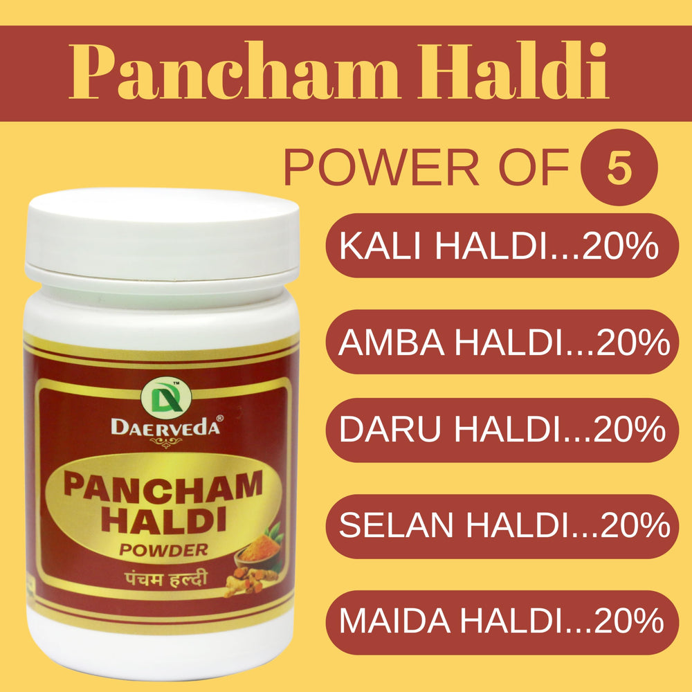 Daerveda Pancham Haldi powder bowl displays vibrant turmeric mix for cooking.