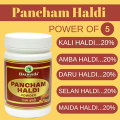 Daerveda Pancham Haldi powder bowl displays vibrant turmeric mix for cooking.
