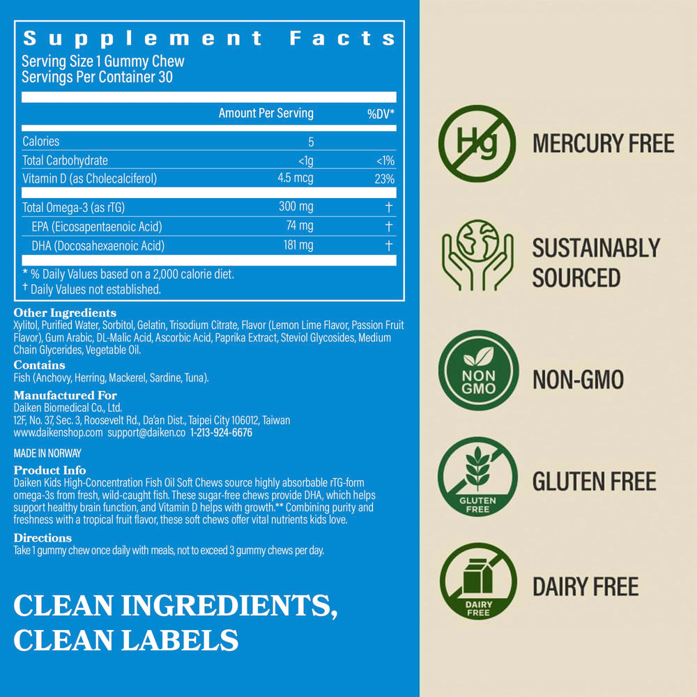 DAIKEN Norwegian-sourced fish oil used in kid-friendly gummies.