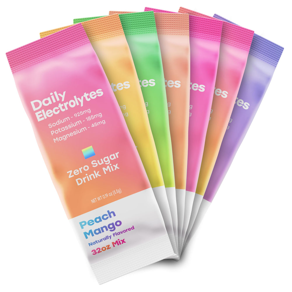 Daily Electrolytes peach mango packet for vibrant keto friendly hydration.