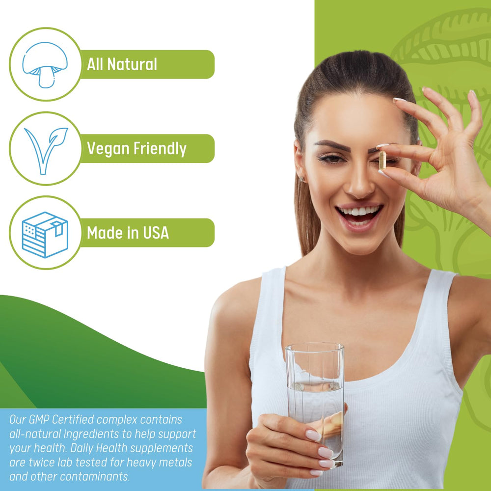 Daily Health 10 Mushroom Blend bottle with glass of water for daily use