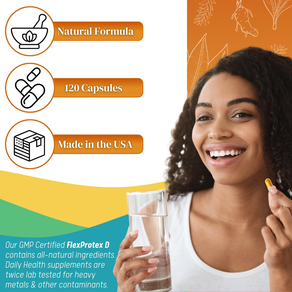 FlexProtex D ingredients panel featuring turmeric, glucosamine, and boswellia