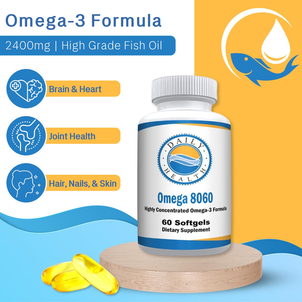 Daily Health Omega8060 US-made packaging emphasizing FDA-registered GMP production