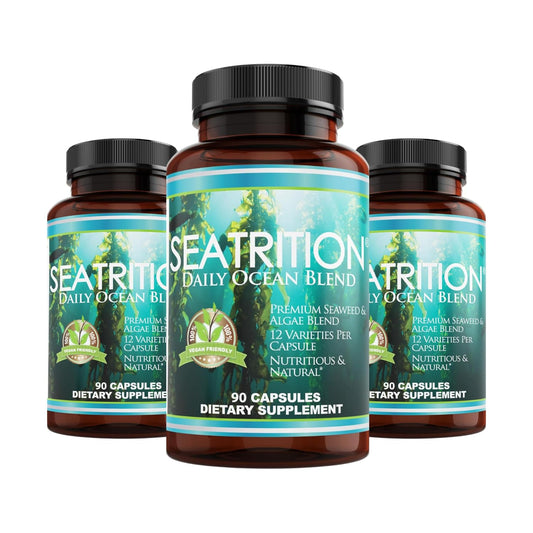 Daily Health Seatrition bottle front with seaweed blend for thyroid support.