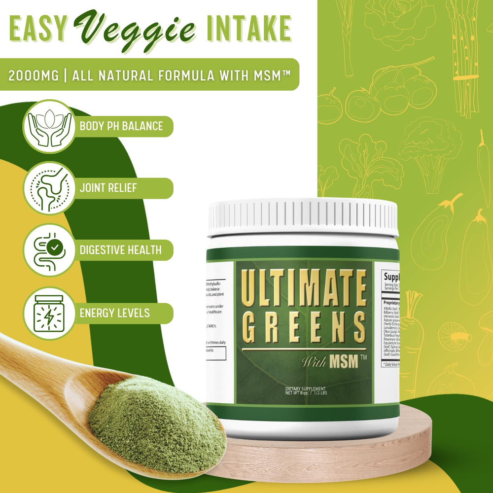 Scoop of Daily Health Ultimate Greens Powder being added to water for quick greens.