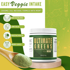 Scoop of Daily Health Ultimate Greens Powder being added to water for quick greens.