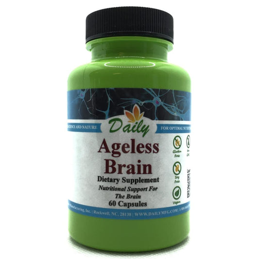 Daily Manufacturing Ageless Brain bottle front view, non-GMO formula for daily vitality.