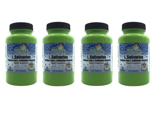 Daily Manufacturing L-Salivarius bottle front with 120 capsules for daily gut support