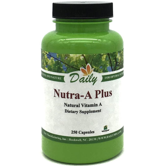 Nutra-A Plus bottle by Daily Manufacturing showing vegan vitamin A support for daily wellness.