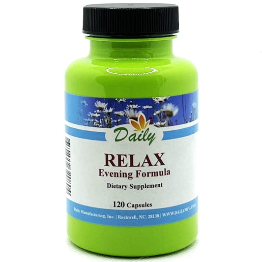 Daily Manufacturing Relax Evening Formula bottle-front promotes bedtime relaxation