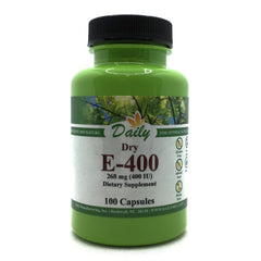 Daily Manufacturing Vitamin E Dry bottle showing 400 IU antioxidant support.