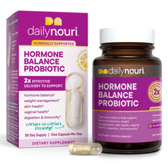 Daily Nouri Hormone Balance Probiotics bottle front for daily hormonal support.
