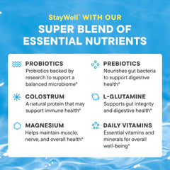 Daily Nouri StayWell colostrum-glutamine stick supports daily wellness and gut lining.