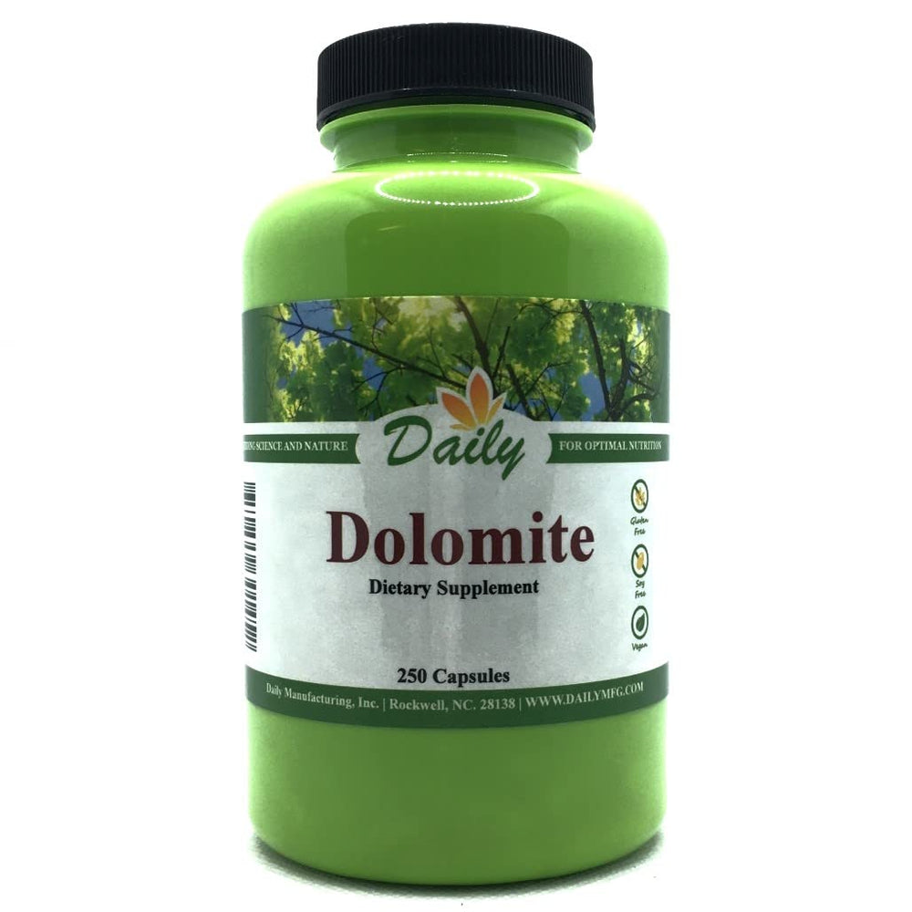 Daily Manufacturing Dolomite bottle front showing calcium and magnesium supplement details