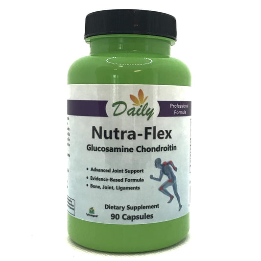 Daily Manufacturing Nutra-Flex bottle shows glucosamine and chondroitin for joint support possibilities.