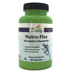 Daily Manufacturing Nutra-Flex bottle shows glucosamine and chondroitin for joint support possibilities.