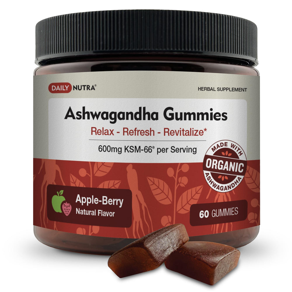 DailyNutra KSM-66 Ashwagandha Gummies bottle showcases convenient relaxation and focus support.