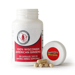 Dairyland American Ginseng capsules bottle pour for convenient daily energy support.