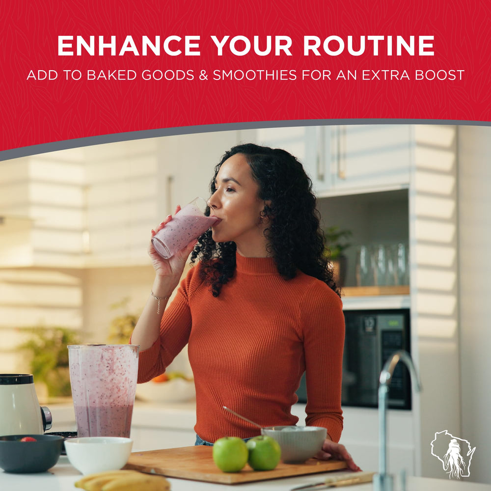 Dairyland Red Panax ginseng powder in a smoothie showing vibrant color and texture.