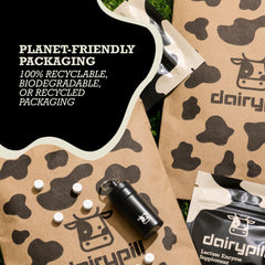 DairyPill packaging recycling icon, eco-friendly packaging.