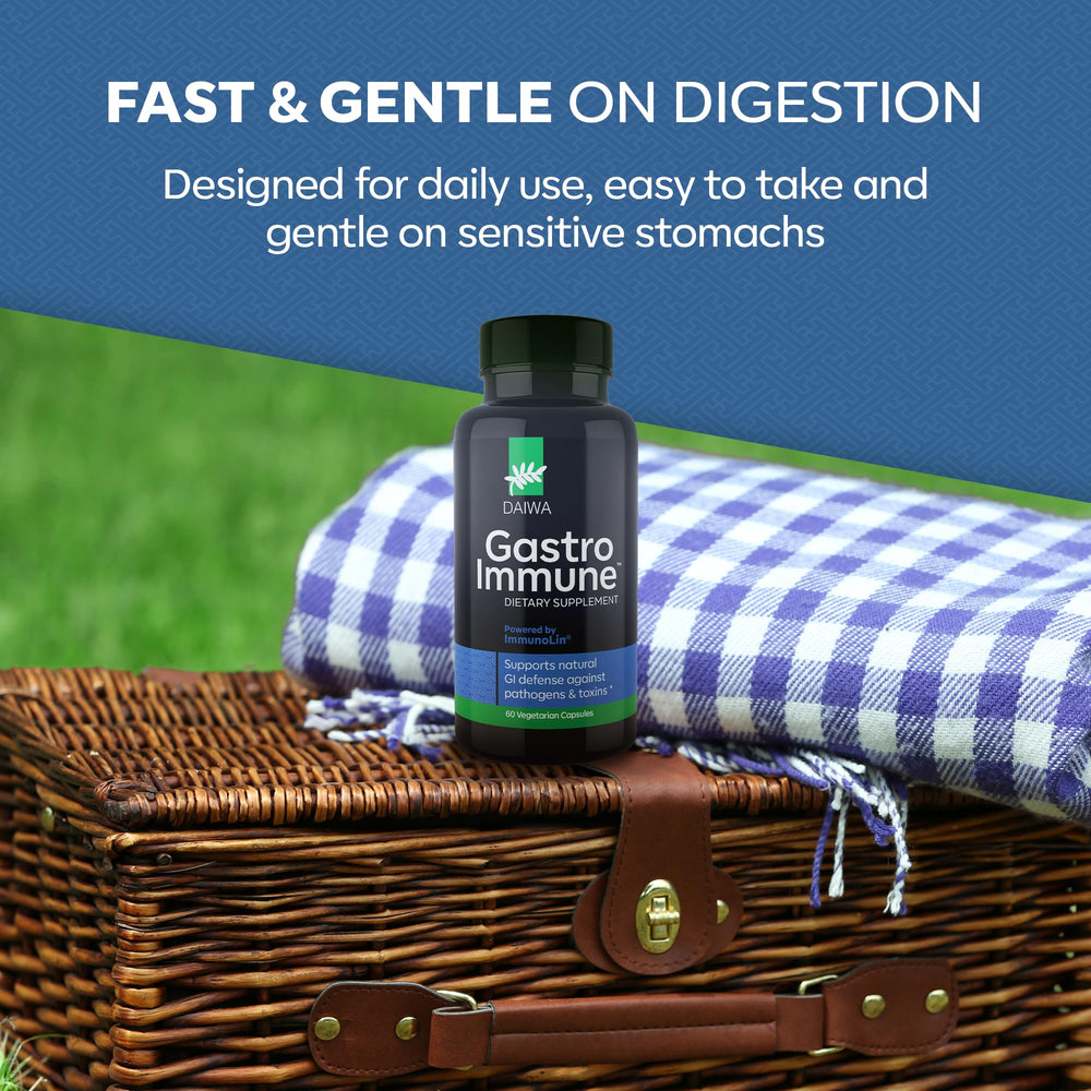 Daiwa GastroImmune Non-GMO sticker close-up signals clean ingredient choice.
