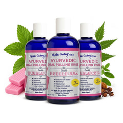 Dale Audrey bubble-gum oil pulling bottle promotes fresh breath and clean teeth.