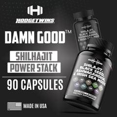 Label detail on the DAMN GOOD product highlights organic shilajit and ashwagandha ingredients.