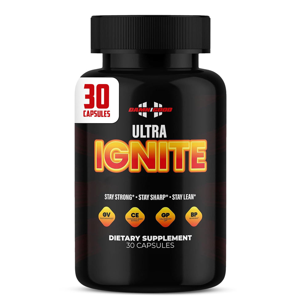 Damn Good Hodge Twins Ultra Ignite bottle-front image showing energy-ready formula for daily drive