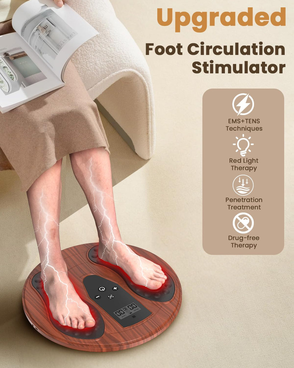 Dancespot EMS foot massager red light indicator signaling therapy feature.
