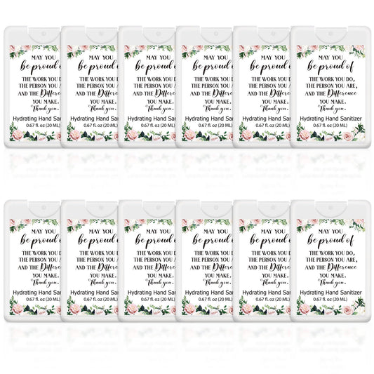 Dansib 24-pack travel hand sanitizer sprays with inspirational Thank You messages for gifting.