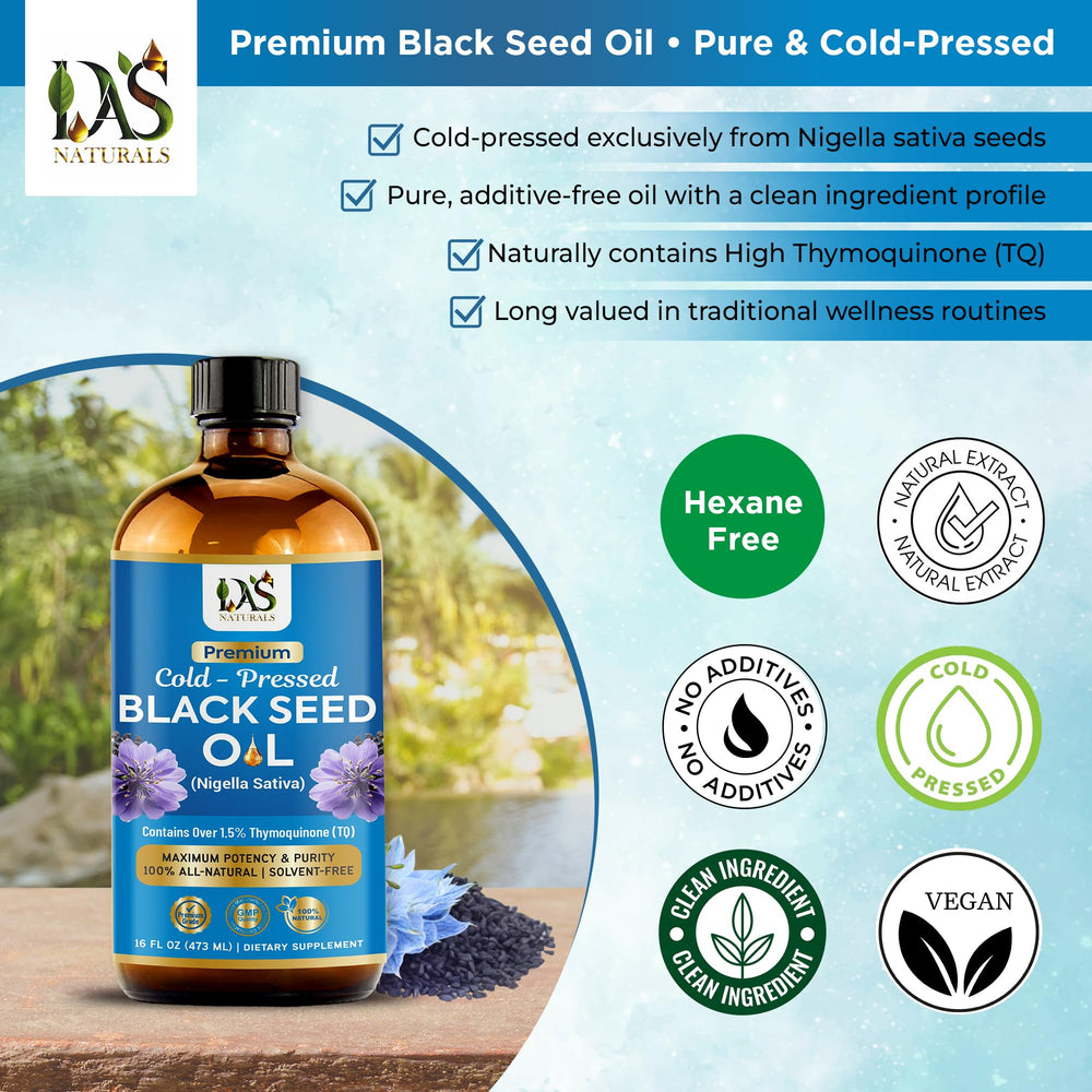 DAS NATURALS Nigella Sativa oil in amber glass preserves freshness for long-term use.