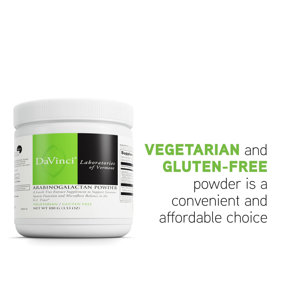 DAVINCI Arabinogalactan powder label graphic emphasizing vegetarian formula.