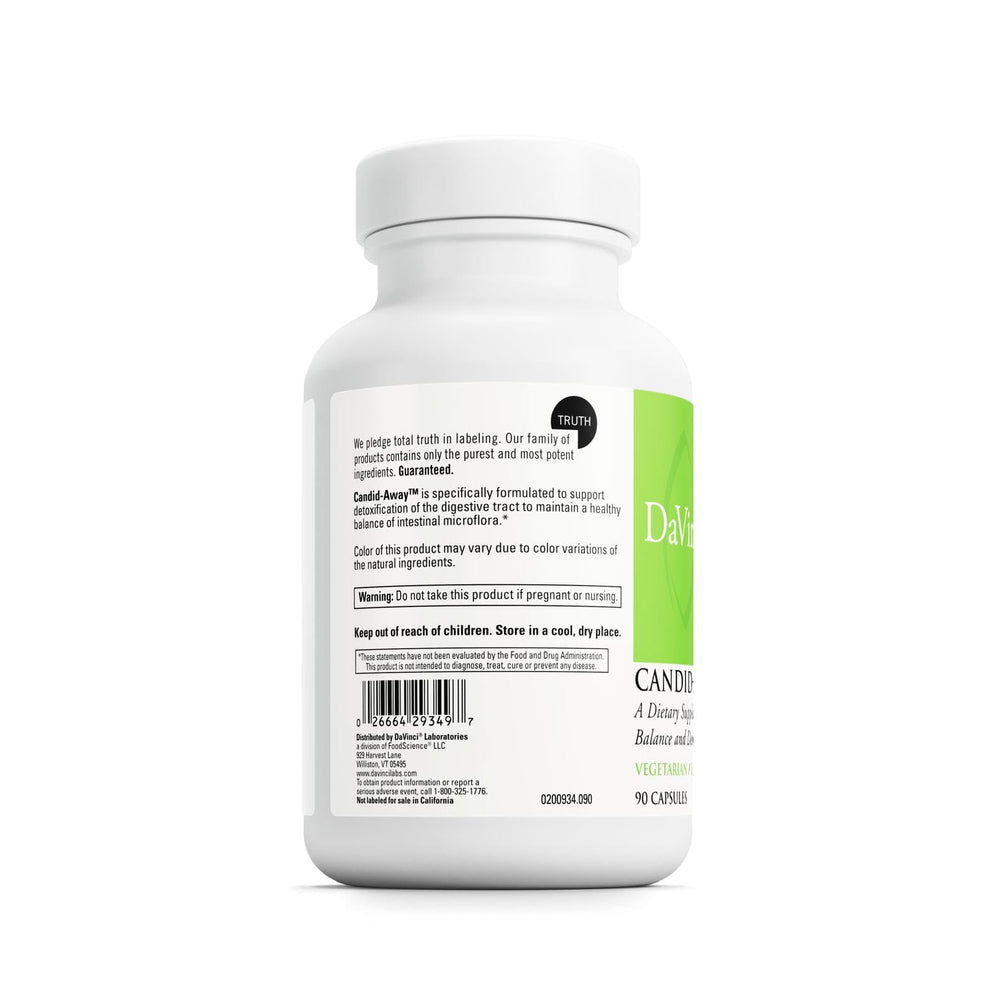 DAVINCI Candid-Away ingredient chart featuring olive leaf and enzymes.