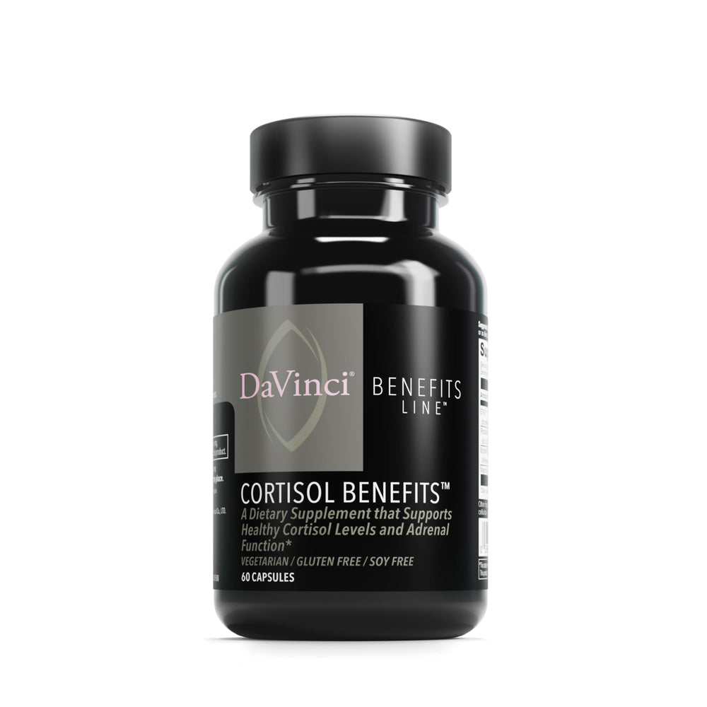 DaVinci Cortisol Benefits bottle front showing herbal blend for daily balance