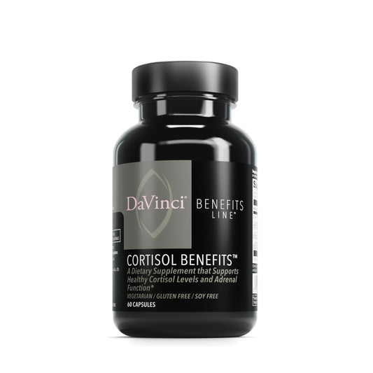 DaVinci Cortisol Benefits bottle front showing herbal blend for daily balance