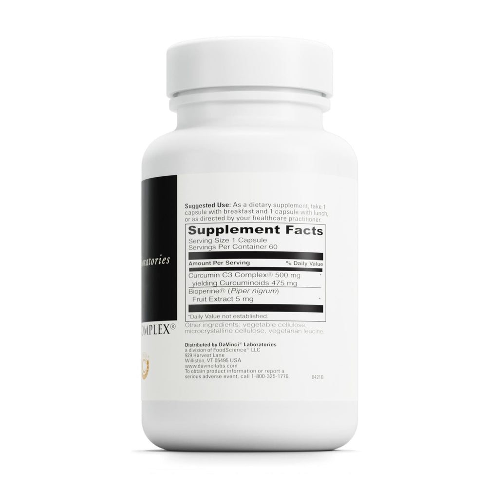 DAVINCI Curcumin C3 Complex bottle label highlights Bioperine and curcuminoids for absorption