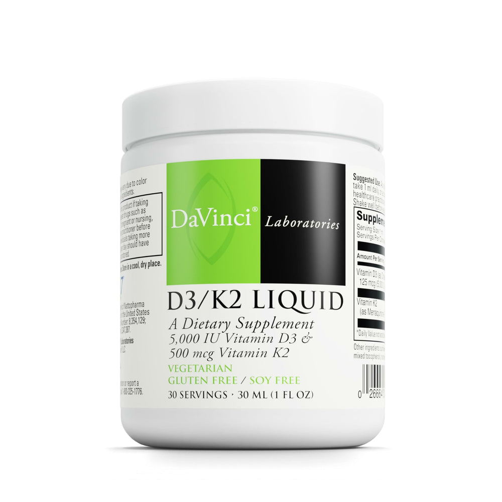 DAVINCI D3/K2 Liquid bottle front highlights orange flavor and bone support.
