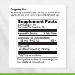 DAVINCI D3/K2 Liquid nutrition facts close-up with serving details.