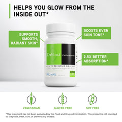 DAVINCI Glutathione Bright label detail highlights whey-enhanced absorption