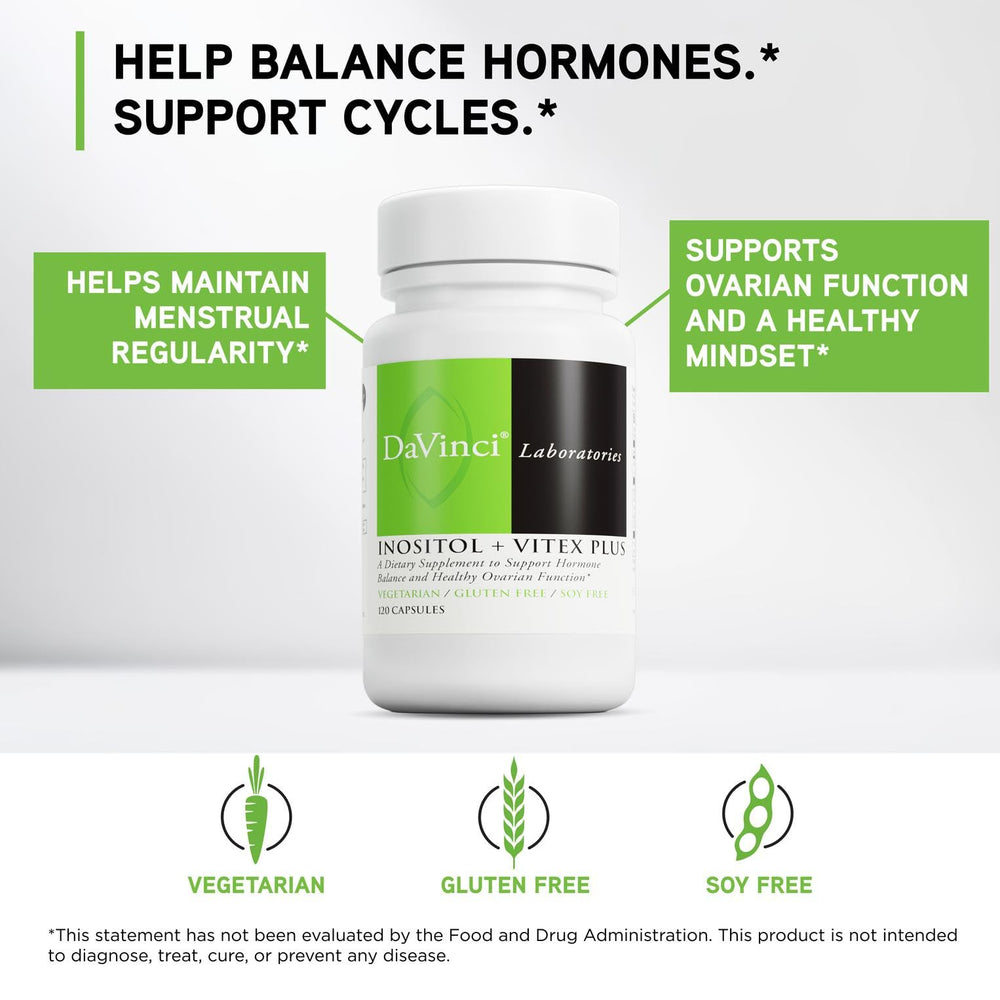 Front label of DAVINCI Inositol Vitex Plus with product name and purpose.