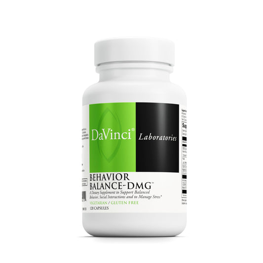 DAVINCI Behavior Balance-DMG bottle front view highlights its gluten-free vegetarian formula