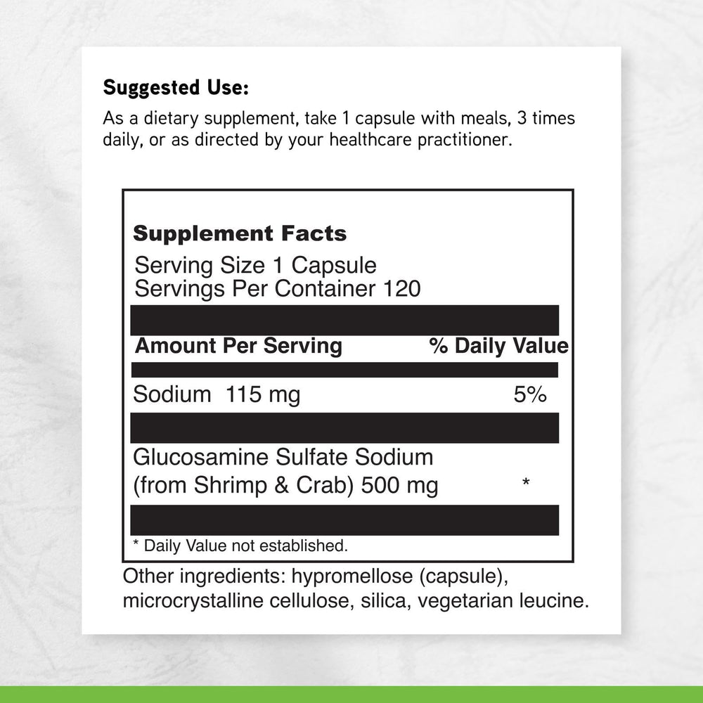 DAVINCI Labs glucosamine capsules close-up highlighting 500 mg dosage