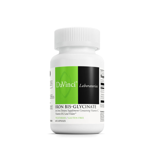 DaVinci Labs Iron Bis-Glycinate bottle front showcases vegan iron supplement packaging.