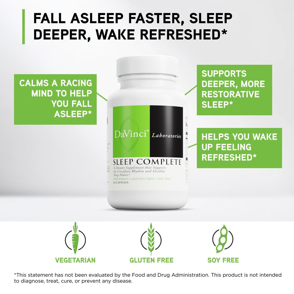DAVINCI Labs Sleep Complete label closeup highlighting the melatonin and herbal blend.