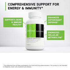 DaVinci Labs Ultimate Prenatal ingredients label, showcasing minerals and vitamins for mom and baby.