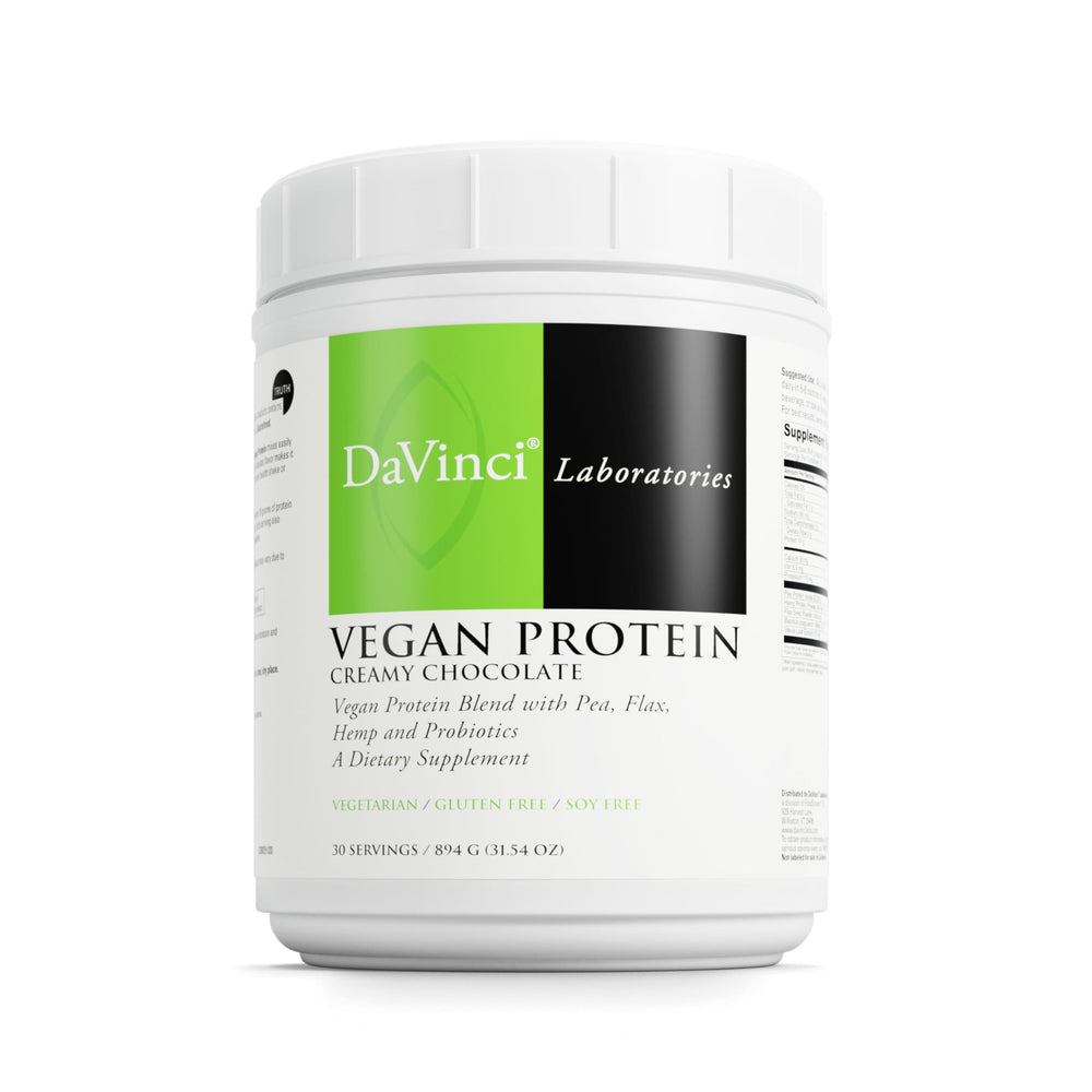 DAVINCI Labs Vegan Protein Creamy Chocolate packaging shows plant-based protein benefits for post-workout nutrition