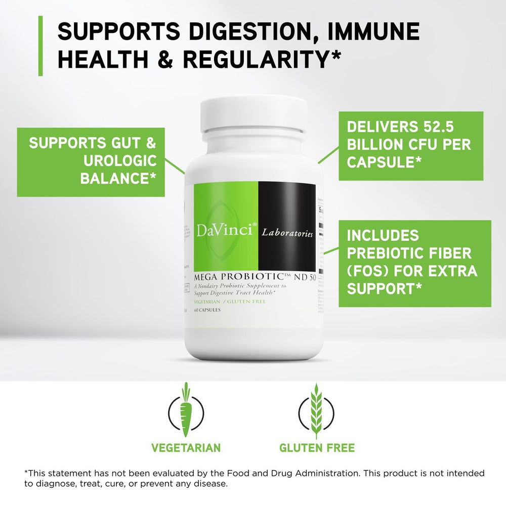 Close-up of the DAVINCI Mega Probiotic ND 50 label highlighting ingredients