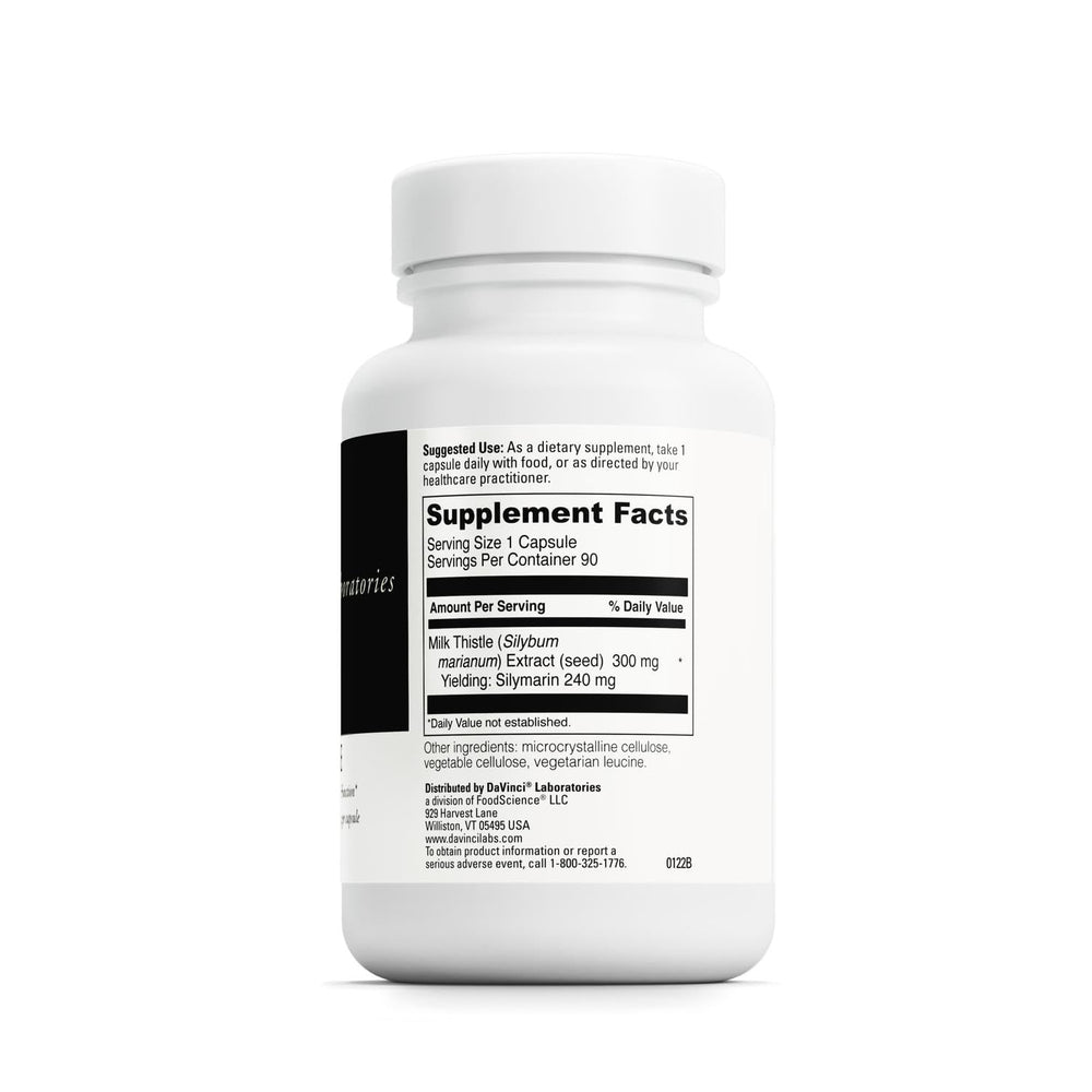 DAVINCI Milk Thistle bottle label close-up highlights silymarin content for liver support.
