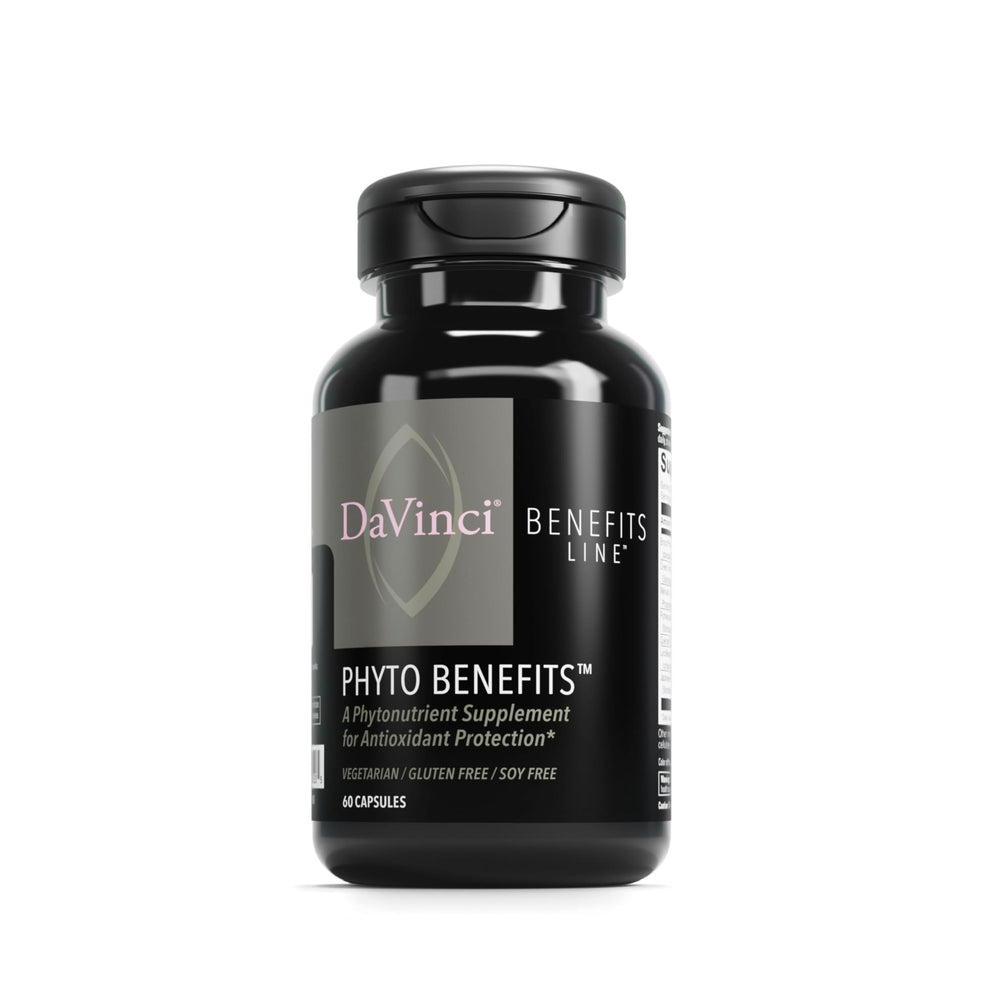 DAVINCI Phyto Benefits bottle top view highlights immune and heart support capsules.