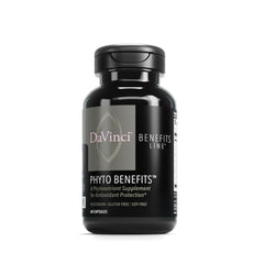 DAVINCI Phyto Benefits bottle top view highlights immune and heart support capsules.